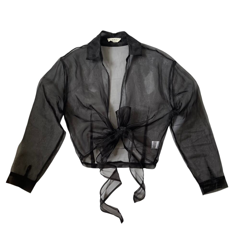 Mable Front Tie Sheer Blouse - Organza - Crop Top - Black - Size M - Picture 2 of 5